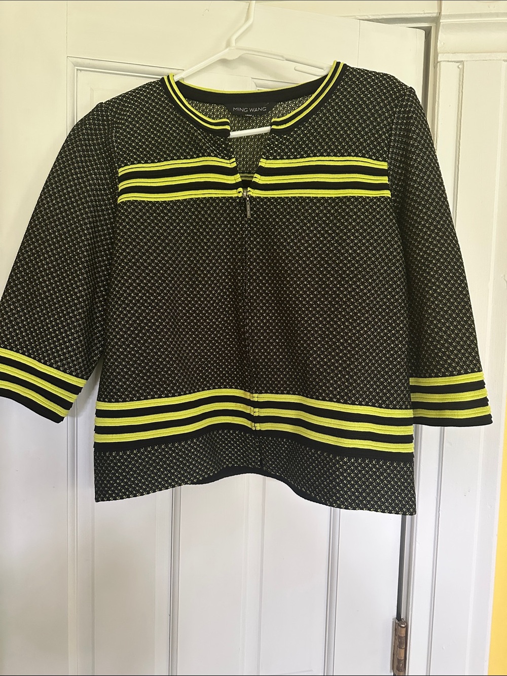 Ming Wang Black Knit Jacket with Neon Yellow Stripe Trim